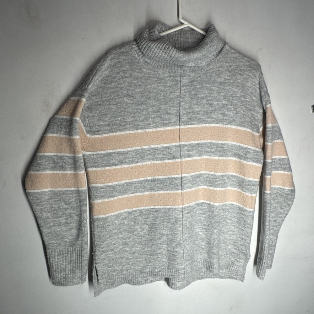 Caslon Women's Small Pink and‎  Gray Chunky Turtleneck Pullover Striped Sweater